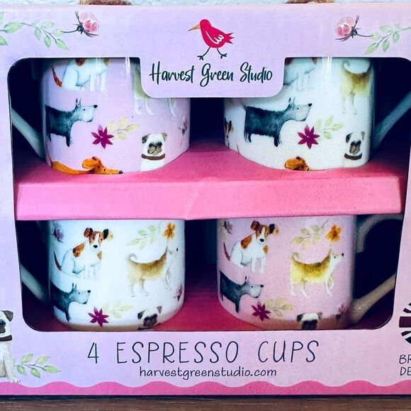 Floral Dogs Print Pink White Espresso Coffee Cups 4-ct Set - Picture 1 of 3
